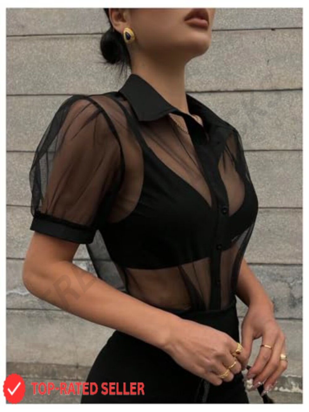 Sheer Mesh Puff Sleeve Crop Button Down Top Y2K Concert Outfit - Picture 3 of 4